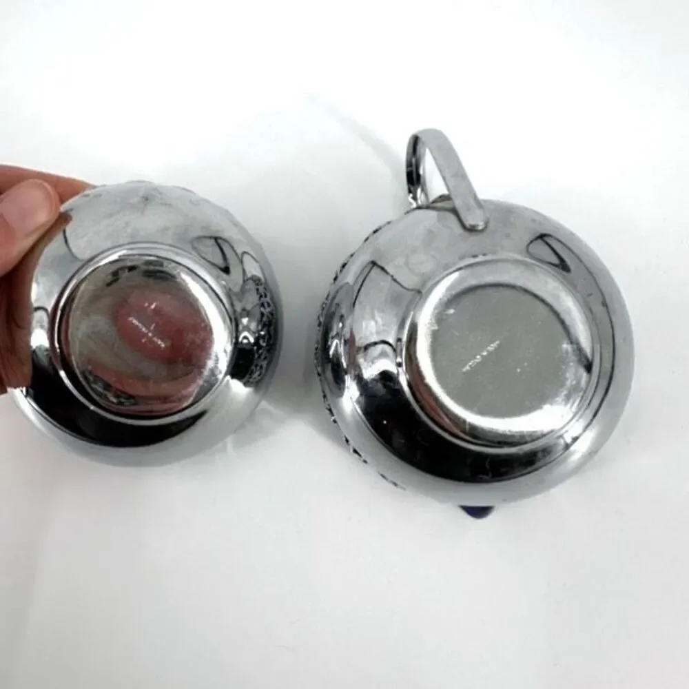 Vintage Silverplate Handle Glass Open Sugar and Creamer‎ Set Cobalt Blue Large